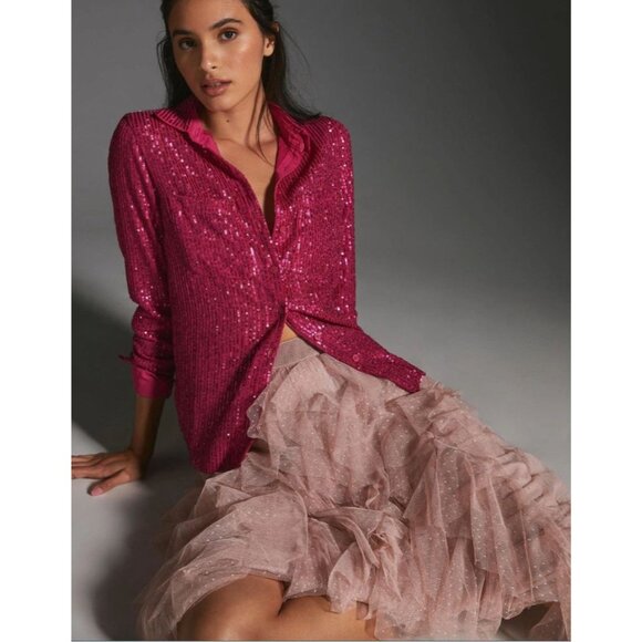 Anthropologie Womens Small The Remie Sequin Buttondown Blouse Top Long Sleeve - Picture 1 of 8